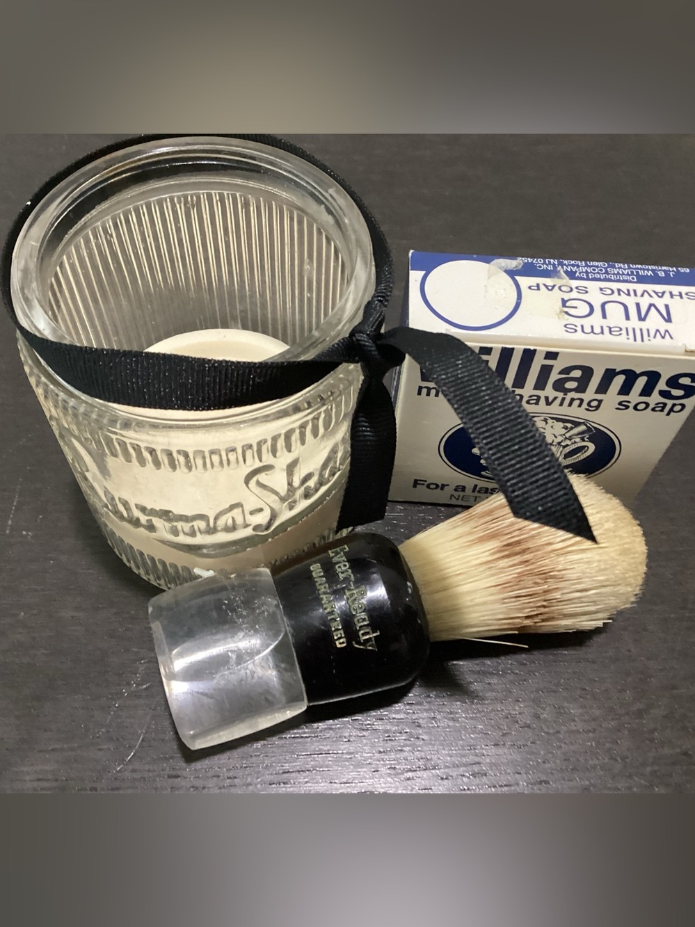 Vtg. Shave set, Burma Shave ribbed glass jar, Everready shave brush,shaving soap